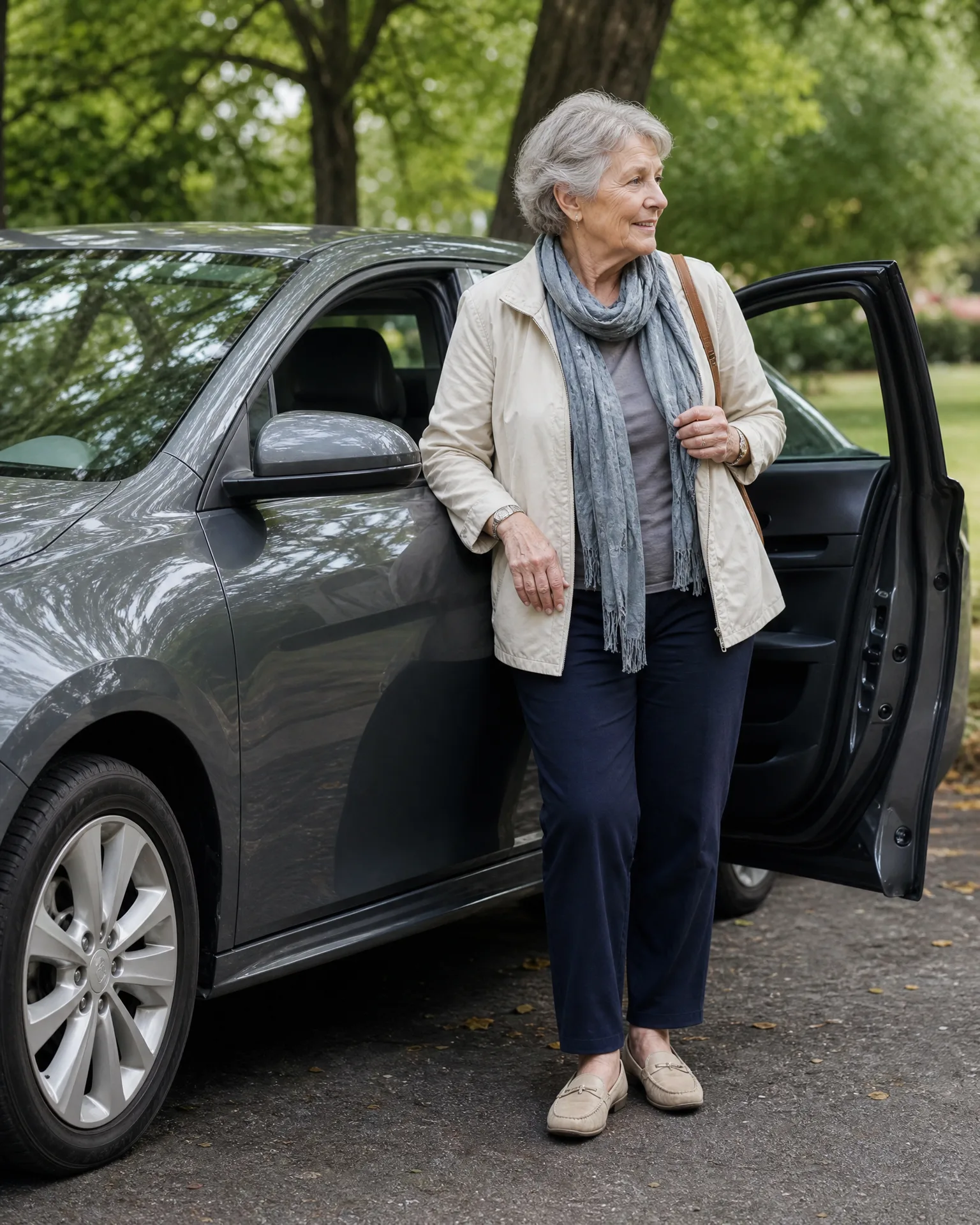 An older woman in a cream jacket, gray scarf, navy trousers and tan loafers stands beside a gray car with the rear door open, on a paved area with trees and grass behind.
