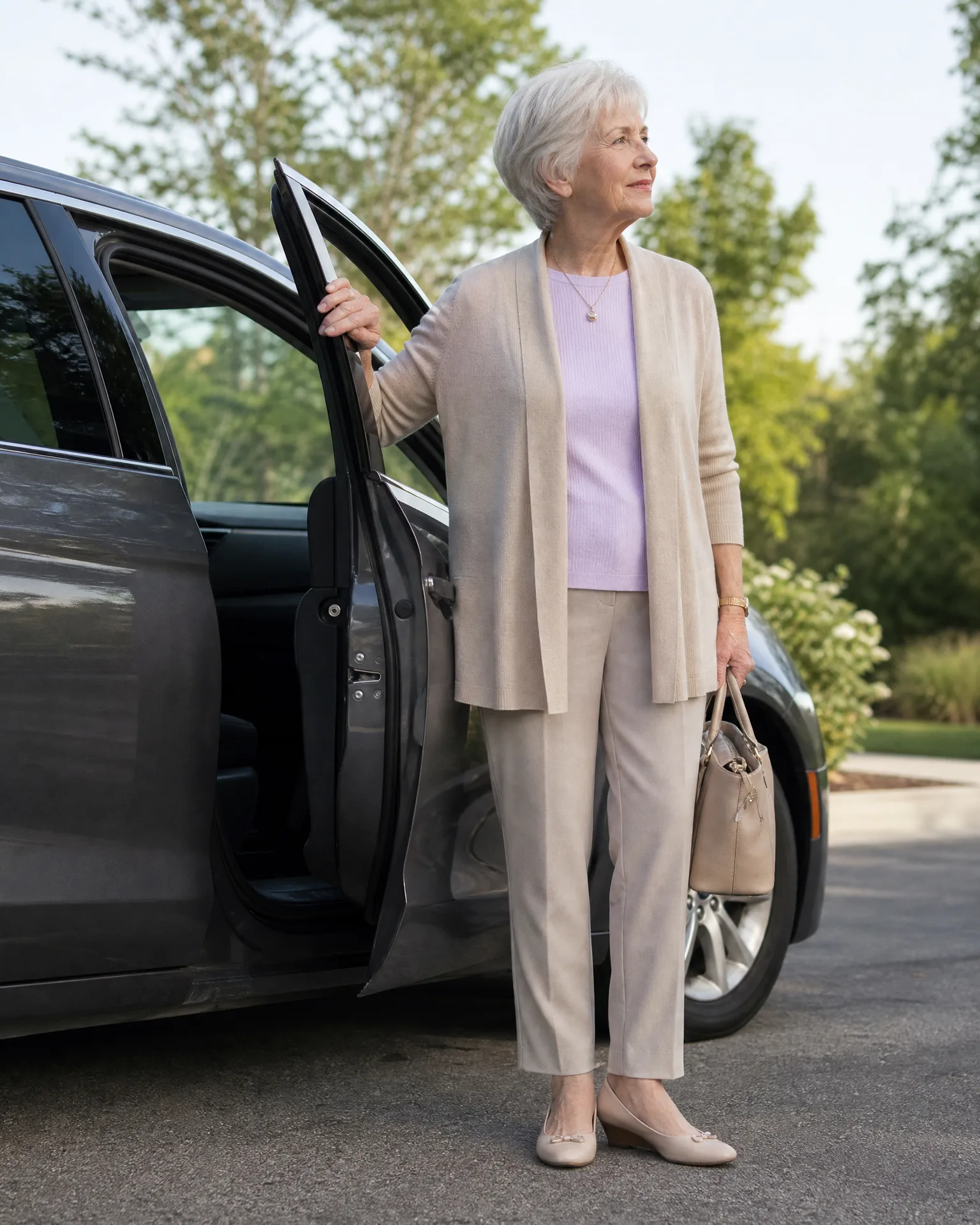 An older woman with short white hair, wearing a beige cardigan, lavender top and beige trousers, stands holding a handbag beside the open rear door of a dark gray SUV on a paved driveway with green trees behind.