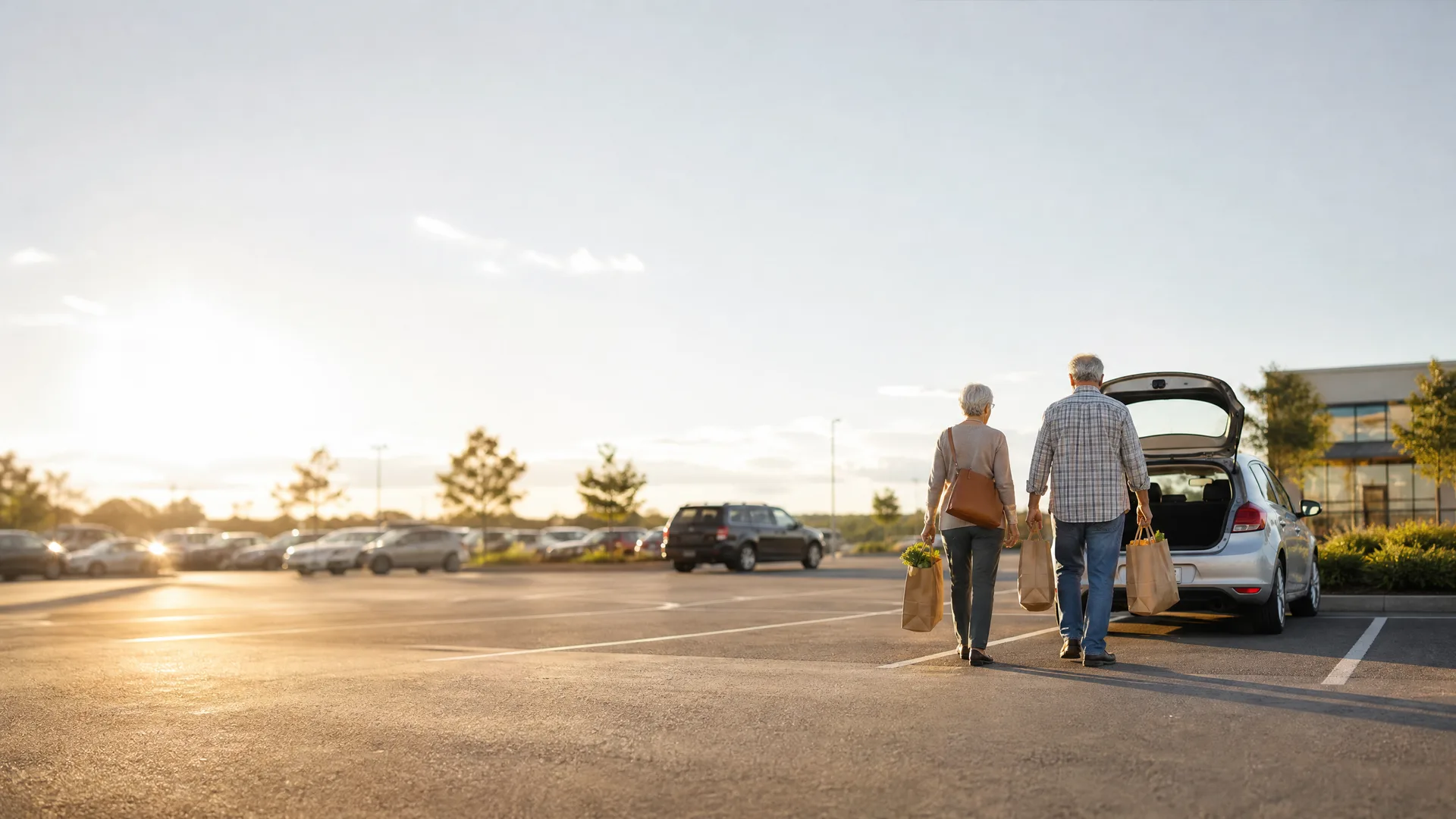 A man and a woman carrying paper grocery bags walk away from the camera across a parking lot toward a silver hatchback with its rear hatch open, with low sun and parked cars in the background.