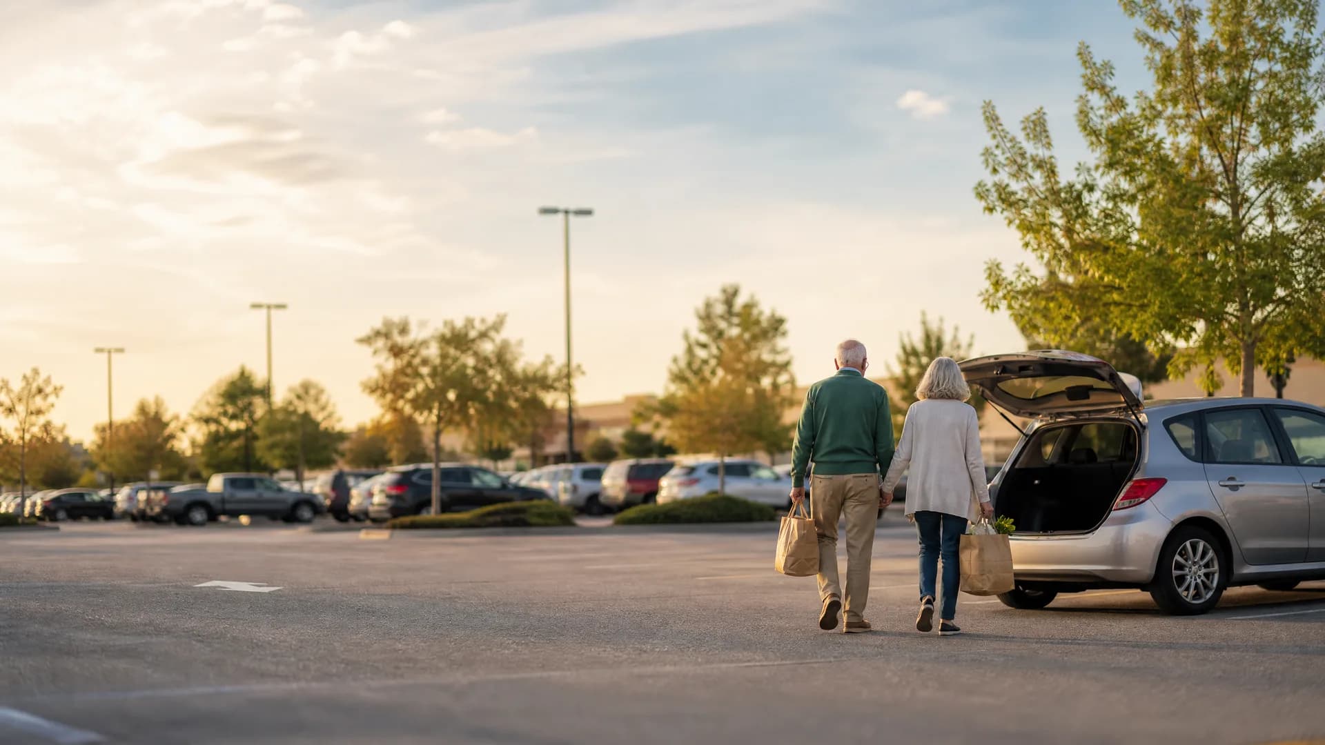 Two people carrying paper shopping bags walk away from the camera across a parking lot toward a silver hatchback with its rear hatch open, with parked cars, trees and light poles in the background under a bright hazy sky.