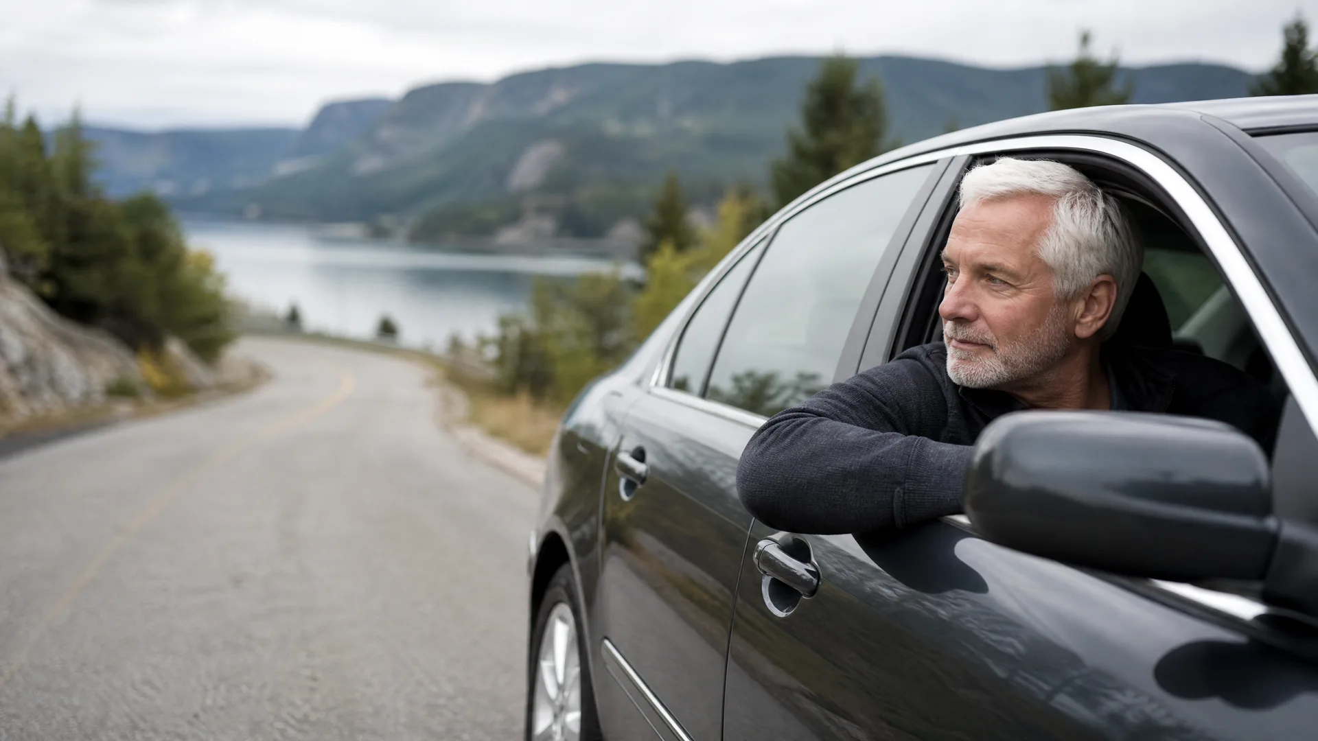 A grey-haired man leans his arm out the driver's window of a dark car parked on a curving road beside a lake with forested hills under an overcast sky.