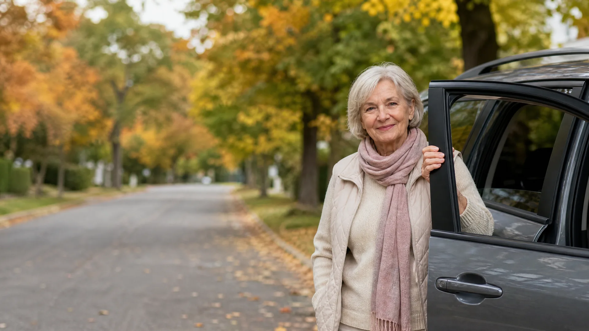 An older woman with short white hair, wearing a cream jacket and pink scarf, stands holding the open door of a dark car on a tree-lined street with autumn foliage.