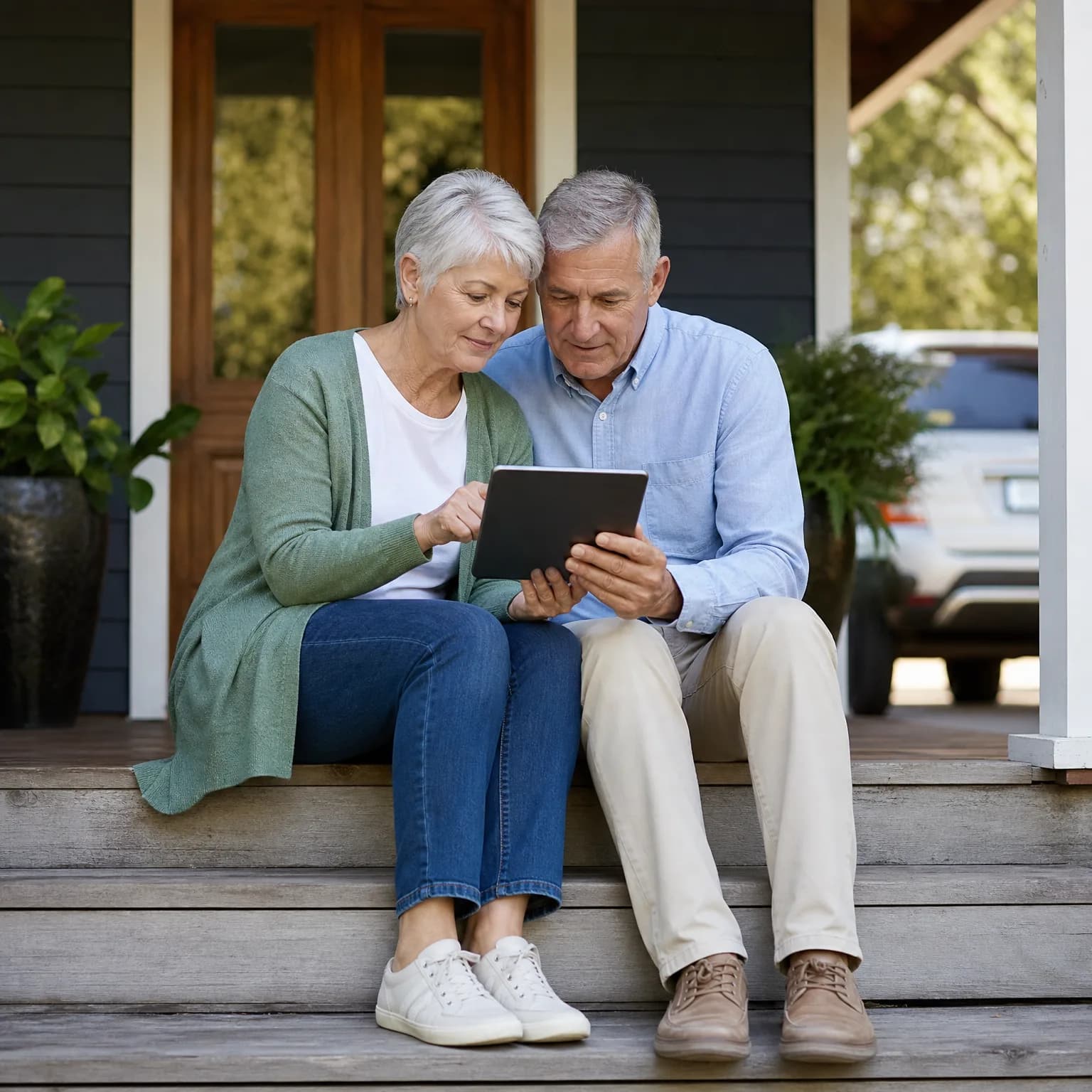 An older man and woman sit together on wooden porch steps of a dark-sided house, looking at a tablet, with potted plants beside them and a white SUV parked at right.