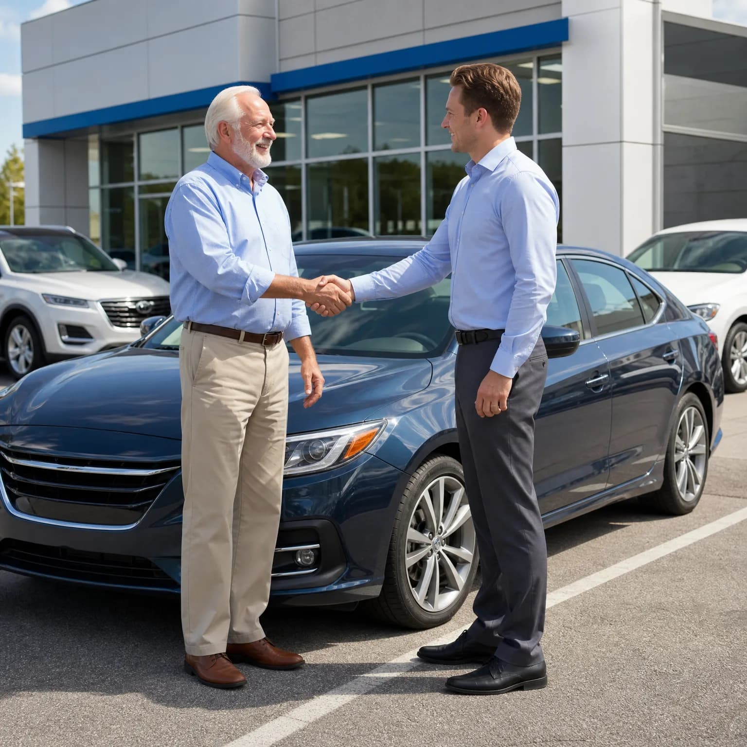 Two men shake hands in a parking lot in front of a dark blue sedan, with a glass-fronted building and other parked cars behind them.