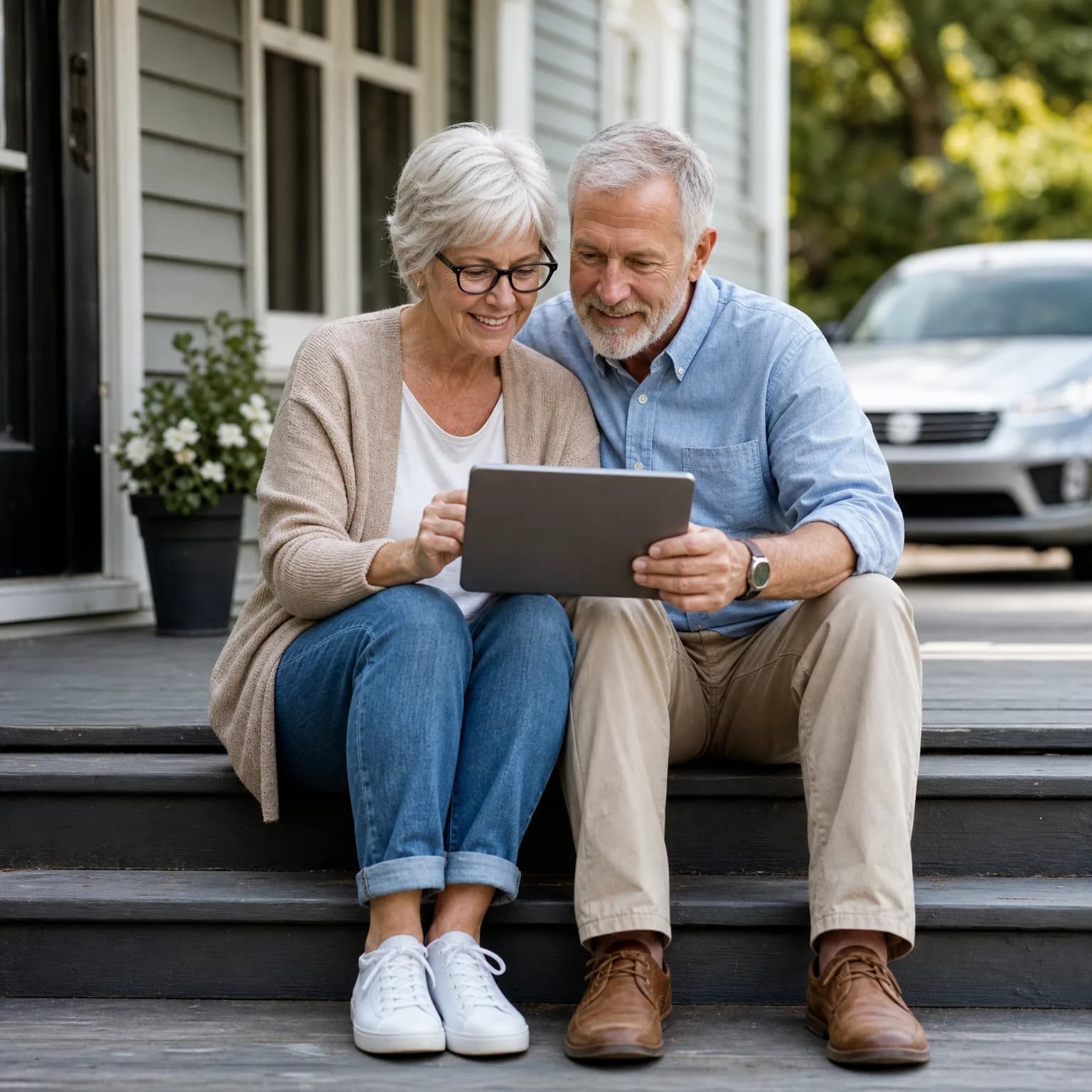 An older couple sits on wooden porch steps of a light-colored house, looking together at a tablet, with a potted flowering plant beside them and a car parked in the background.