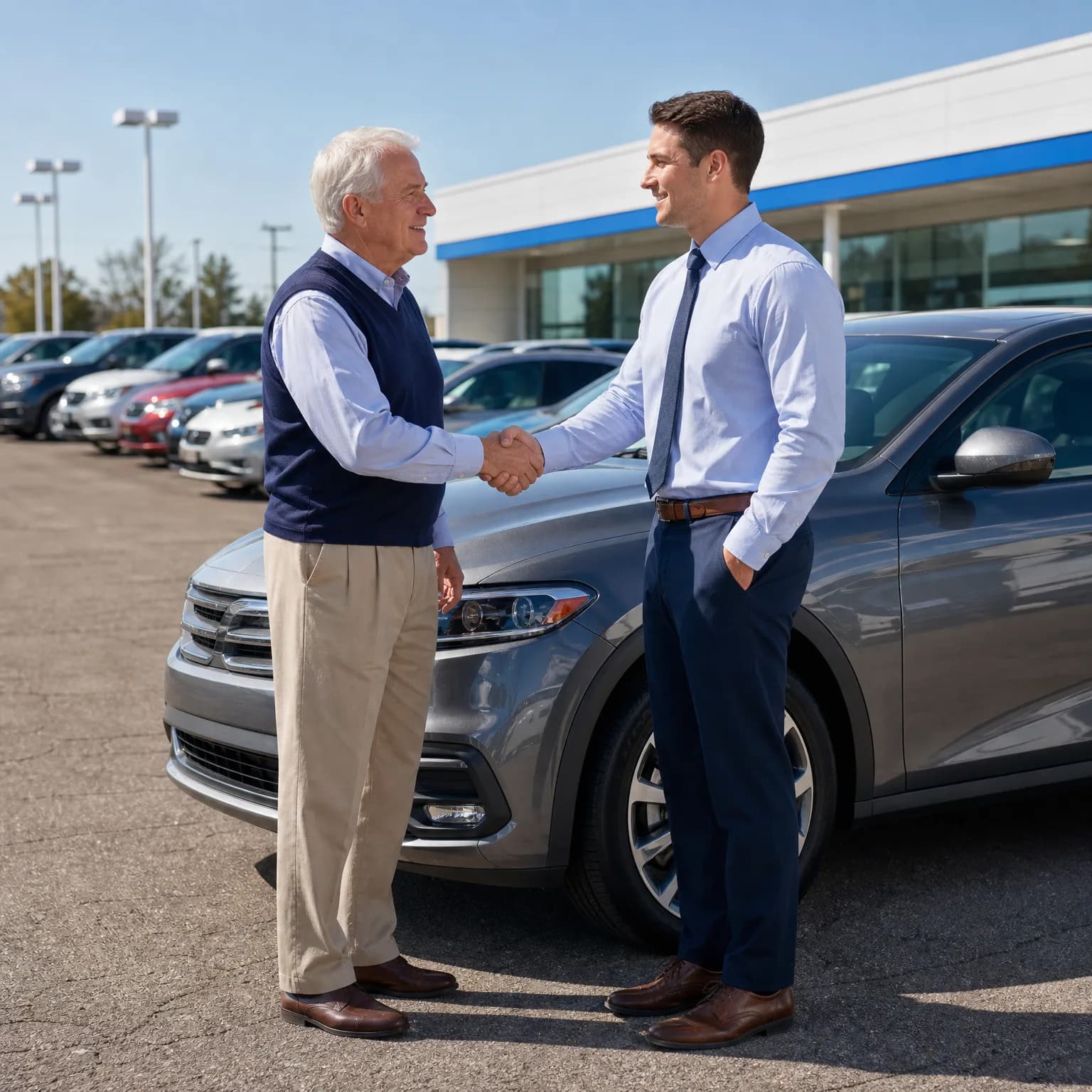 Two men shake hands in a paved lot beside a silver SUV, with rows of parked cars and a low white and blue building behind them.