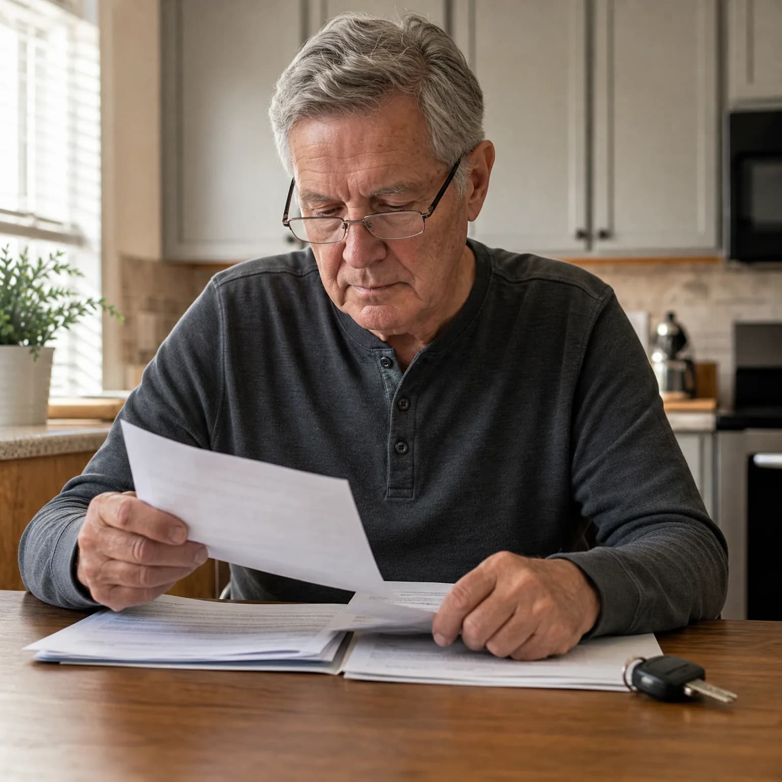 An older man with glasses sits at a wooden kitchen table reading a printed document, with more papers and a car key fob on the table.