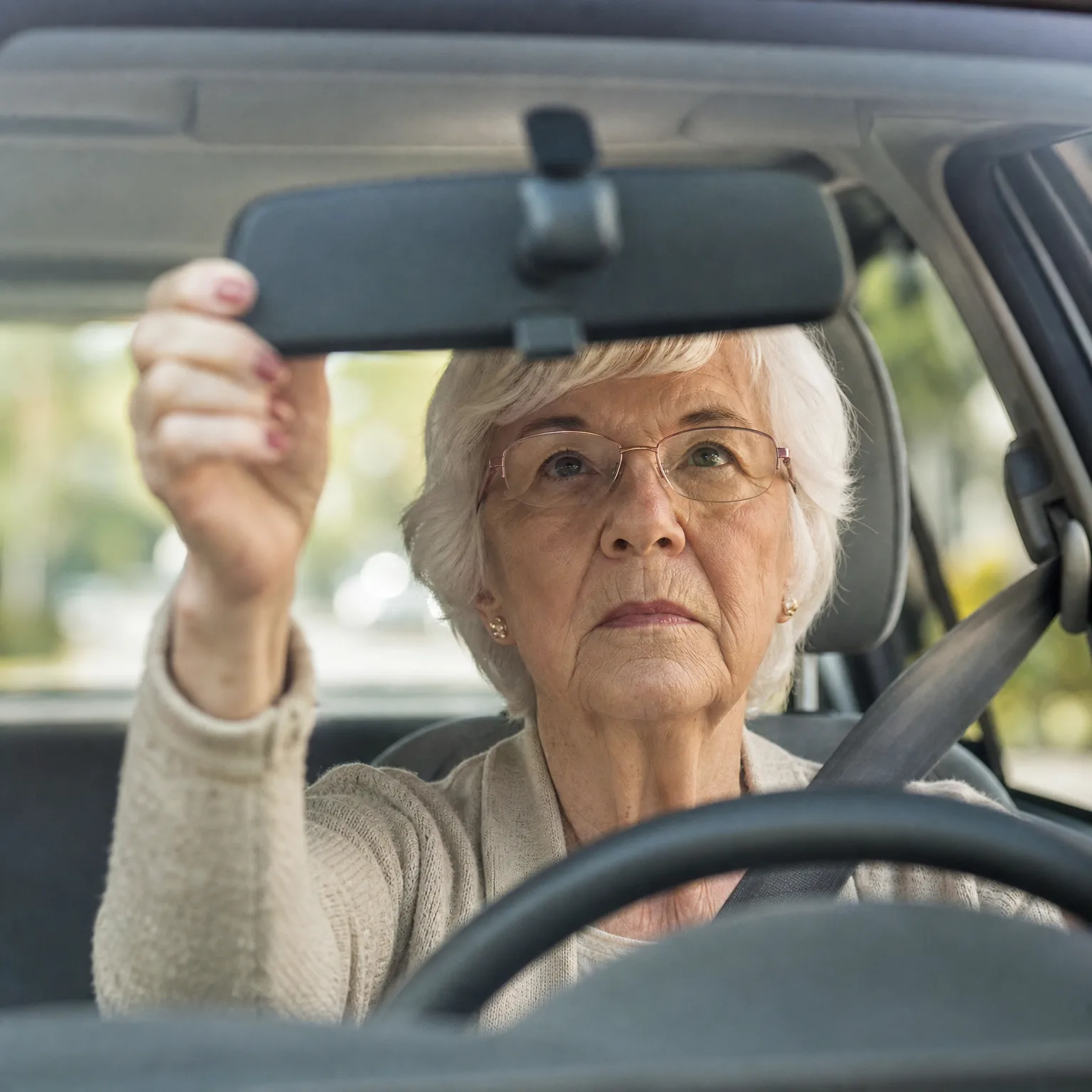 An older woman with short white hair and glasses sits in a car's driver seat, reaching up with her right hand to adjust the rearview mirror, with the steering wheel in the foreground and blurred greenery outside the windows.