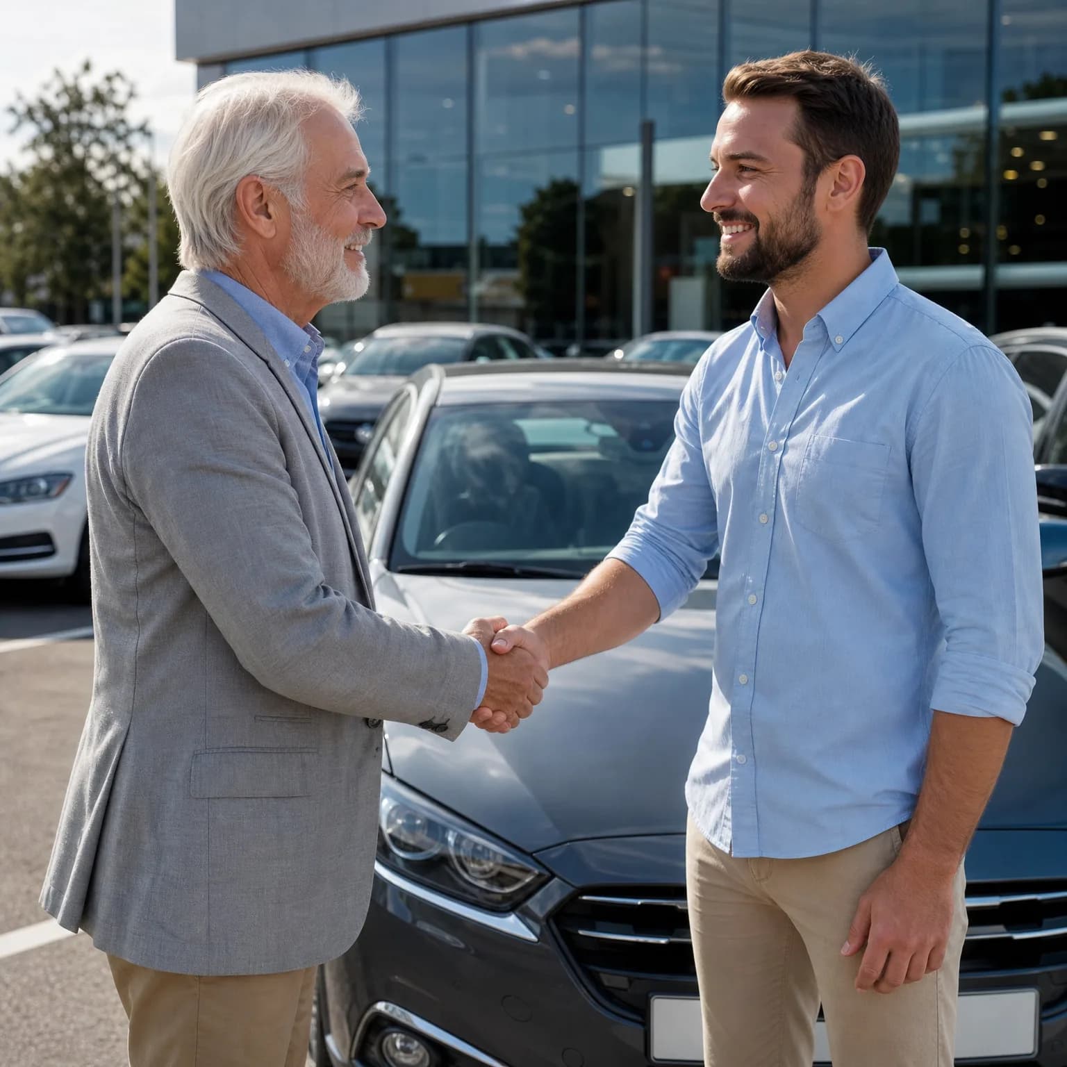 Two men shake hands in front of a dark gray car in an outdoor lot with more parked cars and a glass-fronted building behind them.