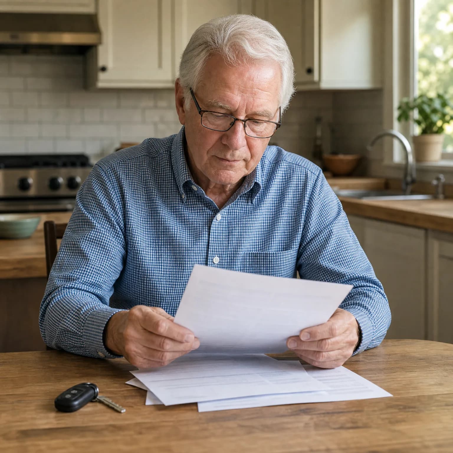 An older man with glasses and a blue checked shirt sits at a wooden kitchen table reading a document, with more papers and a car key fob on the table.